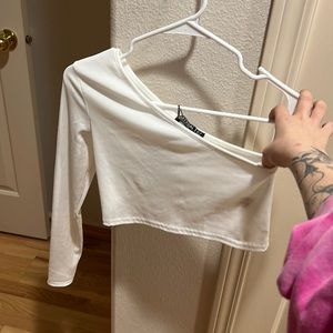 White one shoulder cropped top